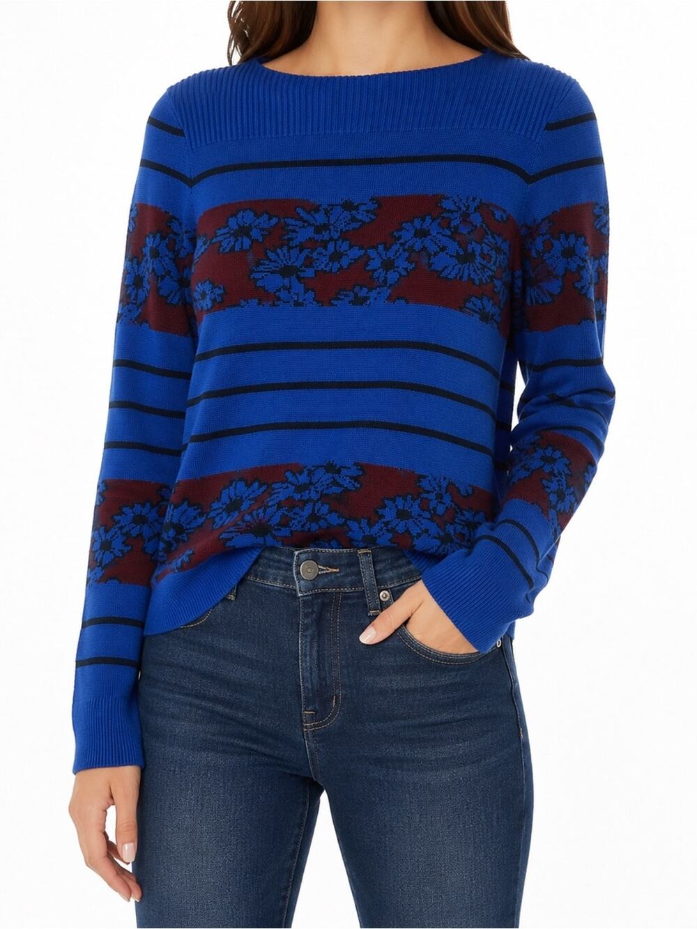 Sonia Rykiel Floral Striped Crewneck Wool Sweater Blue & Black Size Small
